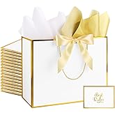 Addblu 12 Pack Large White Gift Bags with Handles, 12.6x10x4'' Includes 36 Tissue Papers, Bow Ribbon & Cards for Wedding, Birthday, Bridesmaid, Groomsmen, Valentine's Day, Easter (White and Gold, 12pcs)