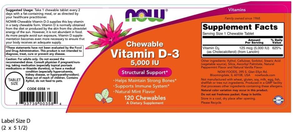 NOW Supplements, Vitamin D-3 5,000 IU, Natural Mint Flavor, Structural Support*, 120 Chewables: Health & Personal Care