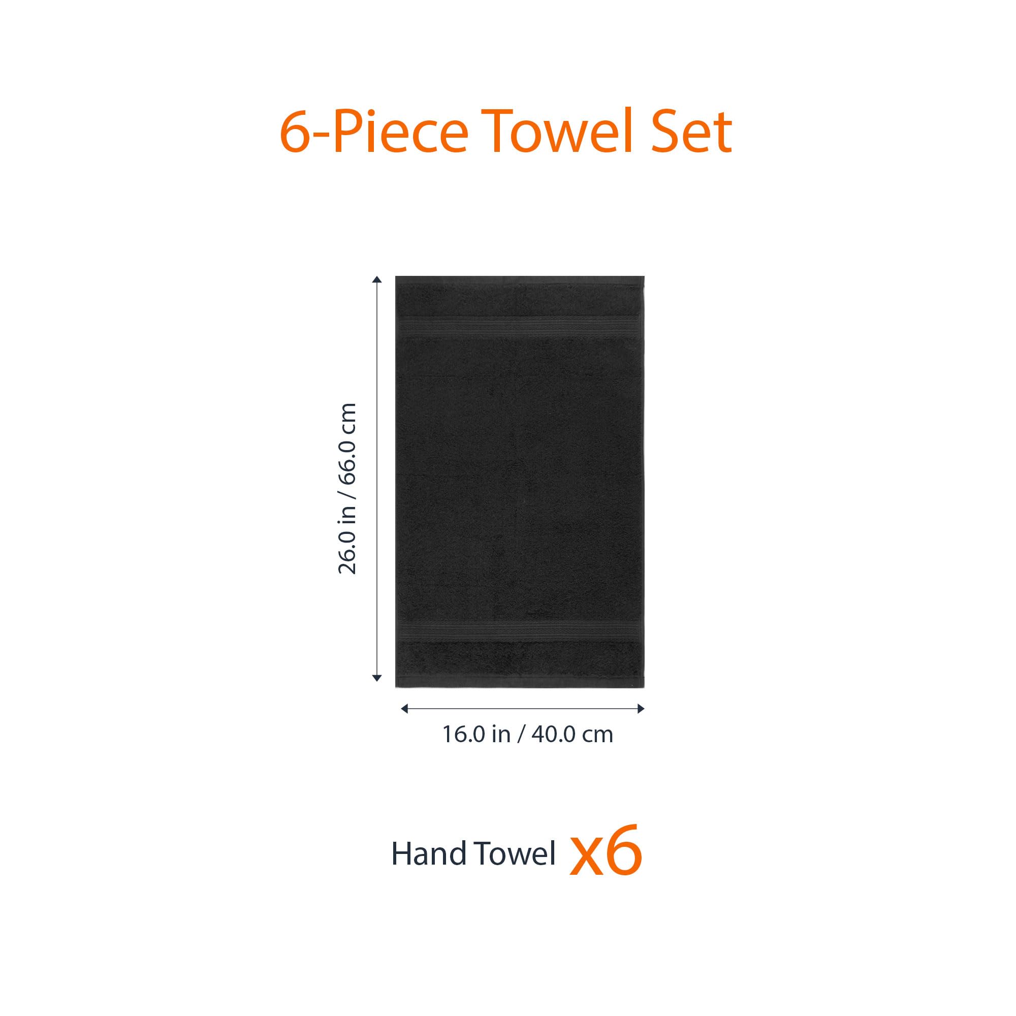 Amazon Basics 6 Piece Fade Resistant Hand Towel, 100% Cotton, Black, 26'' x 16''