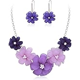 EVER FAITH Flower Collar Necklace, Faux Pearl Floral Summer Beach Statement Choker Necklaces Dangle Earrings for Women, Handmade Fashion Boho Party Prom Jewelry Accessories