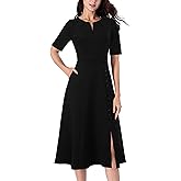 VFSHOW Women Pleated Notch V Neck Pockets Buttons Work Office Business A-Line Midi Dress