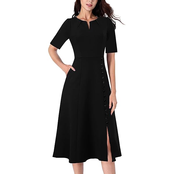 VFSHOW Womens Pleated Notch V Neck Front Slit Buttons Pockets