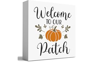 HTBIG Fall Wooden Box Sign Desk Decor, 5.1 X 5.1 Inch Pumpkin Autumn Wood Sign for Tiered Tray Decor for Home Living Room Harvest Day Thanksgiving Tabletop Decor-Welcome to Our Pumpkin Patch