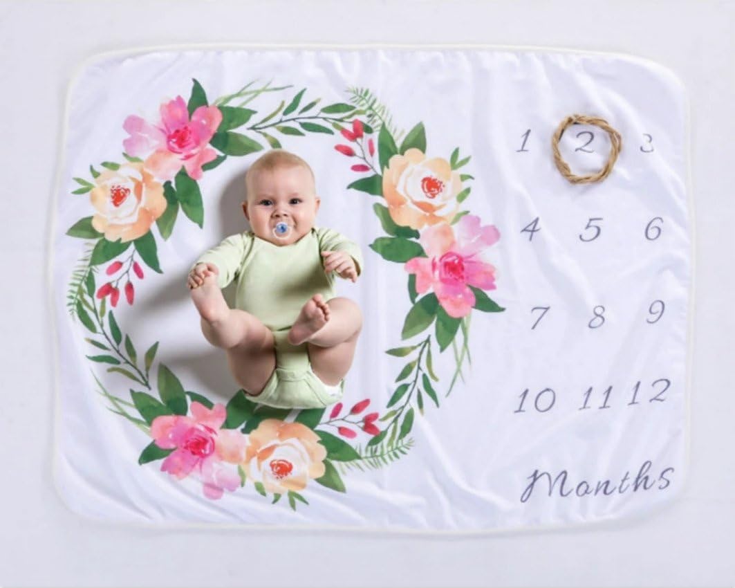 Quibine Baby Monthly Milestone Blanket,Polar Fleece Newborn Photography Background photo Prop for 0-12 months Growing Infants & Babies (flower)