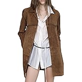 chouyatou Women's 2025 Retro Faux Suede Leather Shacket Jacket Lapel Collar Mid Long Jacket Coat