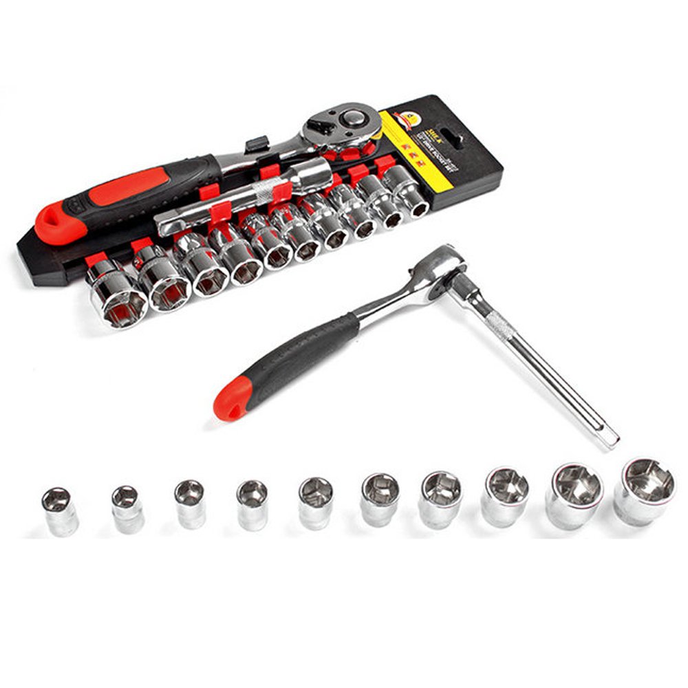 NUZAMAS 1/4" Combination Drive Socket Set and Socket Wrench Set 12 Pieces 1/4 in. Drive 12 Point Household Hand Tool Kit, Auto Repair Tool Set
