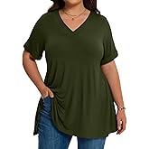 LARACE Women Plus Size Summer Tops Cuffed Short Sleeve Women's V Neck Tunics T-Shirts Blouses Clothes to Wear with Leggings