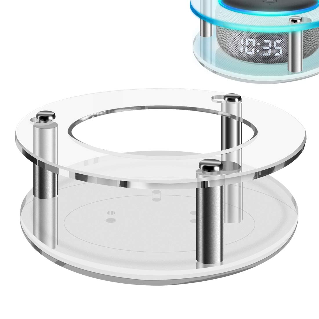 GEEKRIA Acrylic Clear Speaker Stand Compatible with 2019 Echo Dot 3rd Gen (with/without Clock), Wall Mount & Countertop Holder, Stable Anti-Fall Bracket (Clear Round)