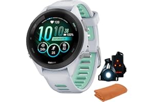 Garmin 010-02810-04 Forerunner 265S GPS Smartwatch, Whitestone/Neo Tropic Bundle with Workout Cooling Sport Towel + Deco Essentials Wearable Commuter Front & Rear Safety Light