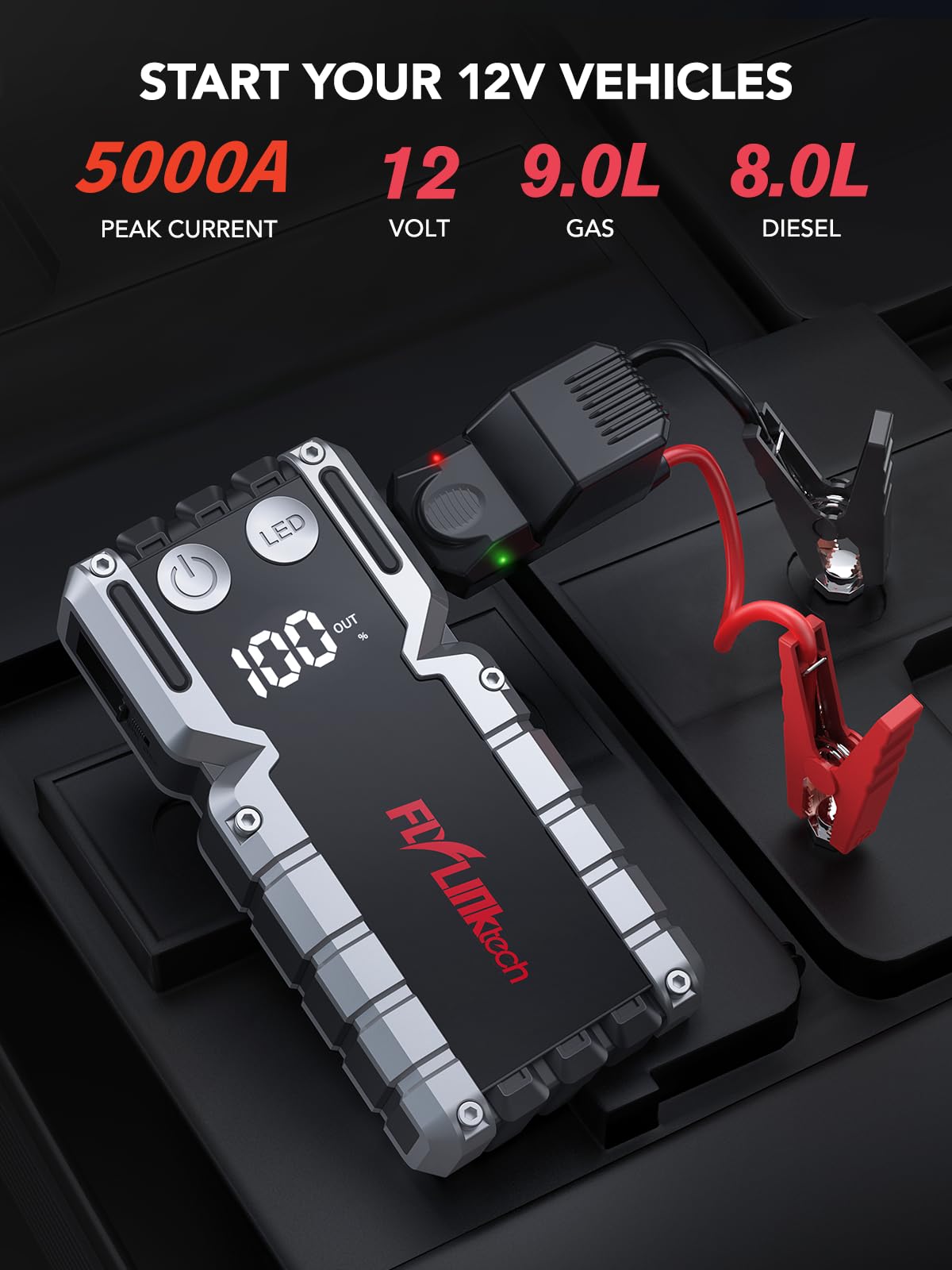 FLYLINKTECH 5000A Car Battery Jump Starter(Up to 9.0L Gas or 8.0L), Portable Car Jump Starter Battery Pack, 12V Jump Box with Safety Jumper Cables, Fast Charge 3.0, Lights, LCD Display