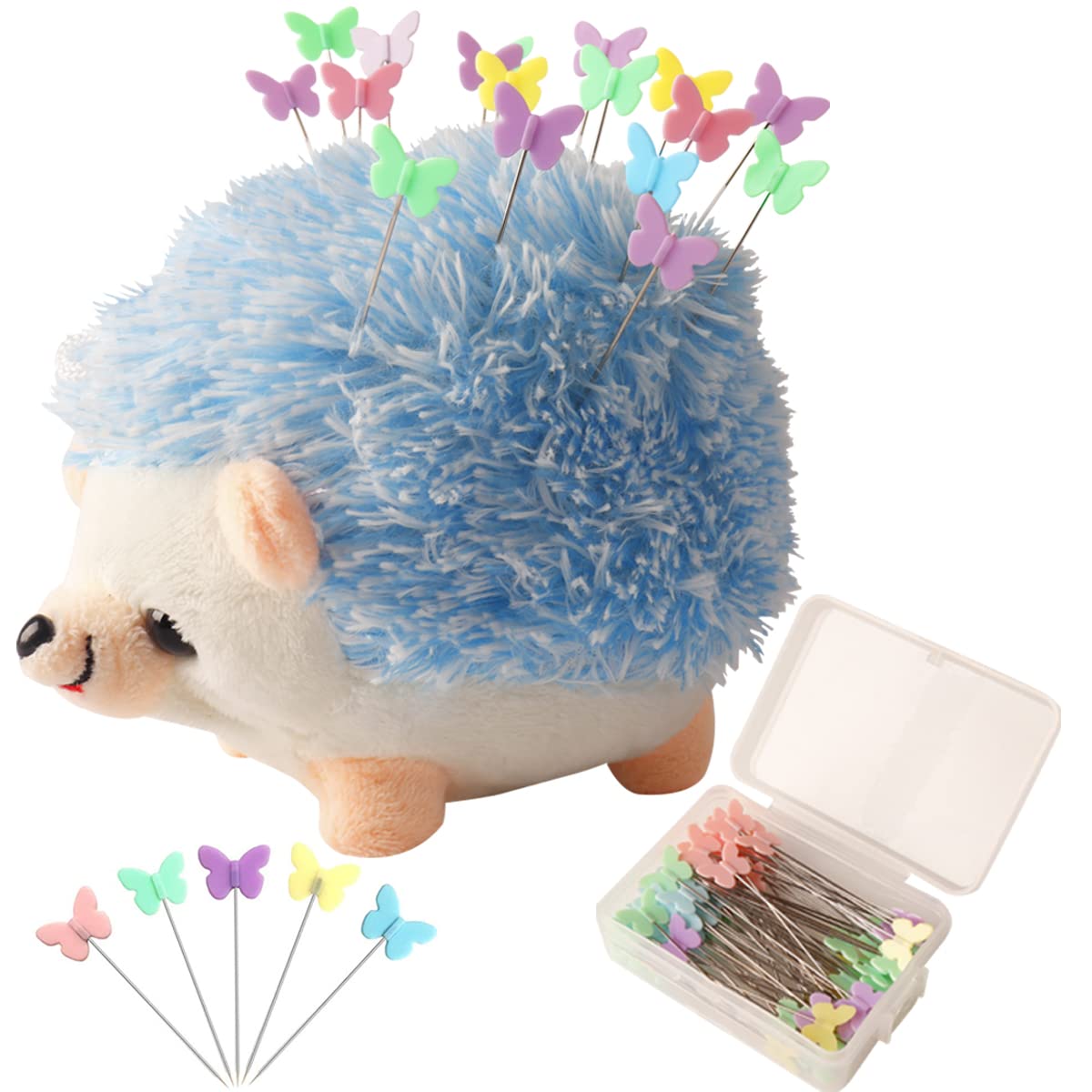 CICILIAYA Hedgehog Shape Pin Cushion, Cute Pincushions Sewing Kit Accessories Supplies Needle Cushions Holder with 100Pcs Colored Ball Heads Straight Fabric Pins for DIY Crafts (Blue)