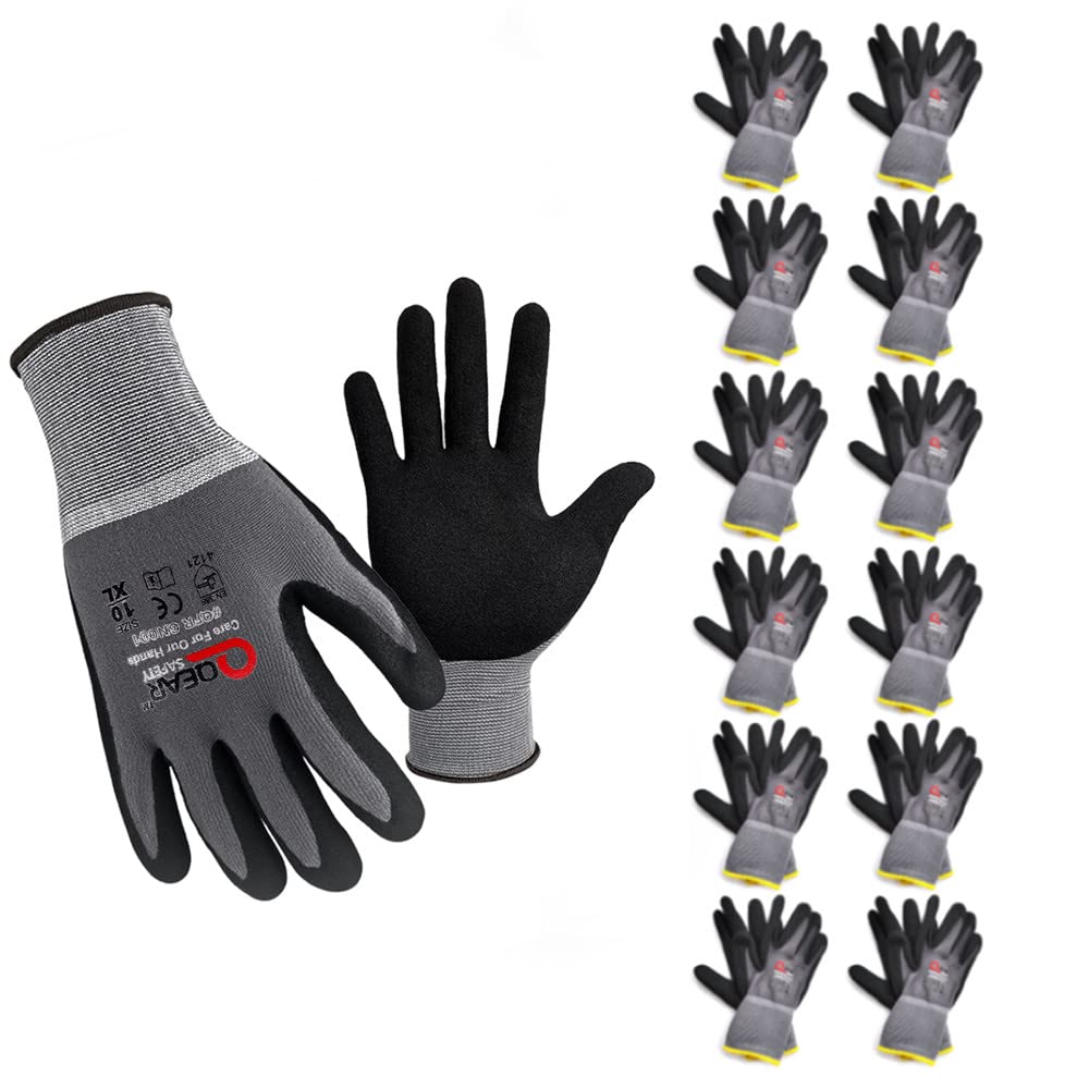 QEARSAFETY 12 Pairs Microfoam Nitrile Rubber Palm Coated Work Safety Gloves, Breathable, Abrasion, Logistics, Warehouse, General Purpose Use, Dexterity, Gray Color (Large)…