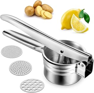 KIPIDA Kartoffelpresse Edelstahl Rostfrei,Kartoffelstampfer Aus Edelstahl,Spätzlepresse Austauschbaren mit 3 Lochscheiben für Kartoffelpüree,Obstsäfte,Obst Gemüse Baby Flauschige Essen