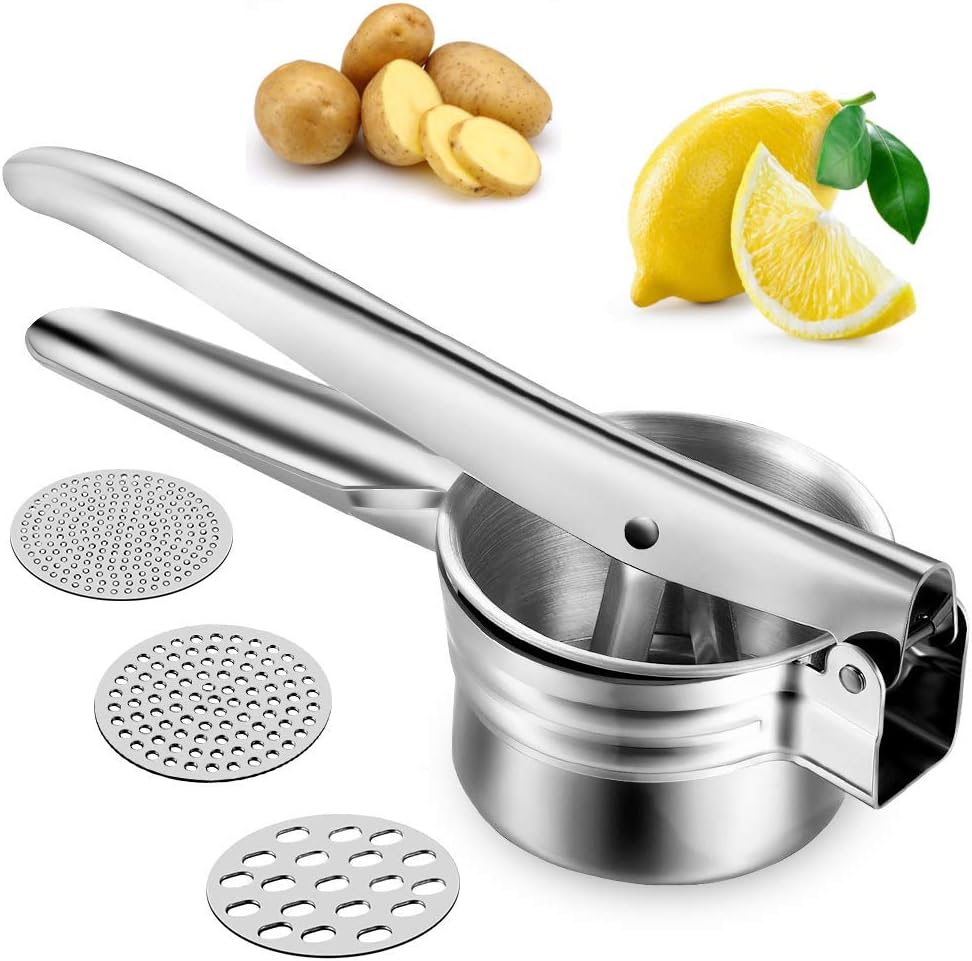 KIPIDA Kartoffelpresse Edelstahl Rostfrei,Kartoffelstampfer Aus Edelstahl,Spätzlepresse Austauschbaren mit 3 Lochscheiben für Kartoffelpüree,Obstsäfte,Obst Gemüse Baby Flauschige Essen