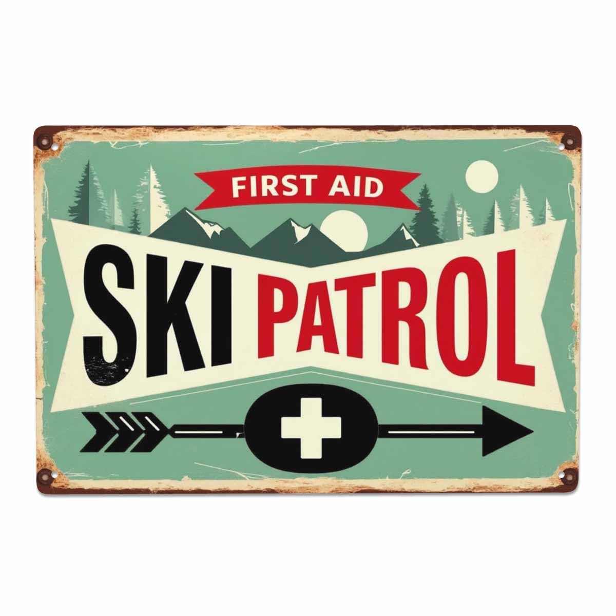 AOYEGO Ski Patrol Tin Sign,Mountain Tree Sun Arrow Adventure First Aid Vintage Metal Tin Signs for Cafes Bars Pubs Shop Wall Decorative Funny Retro Signs for Men Women 8x12 Inch