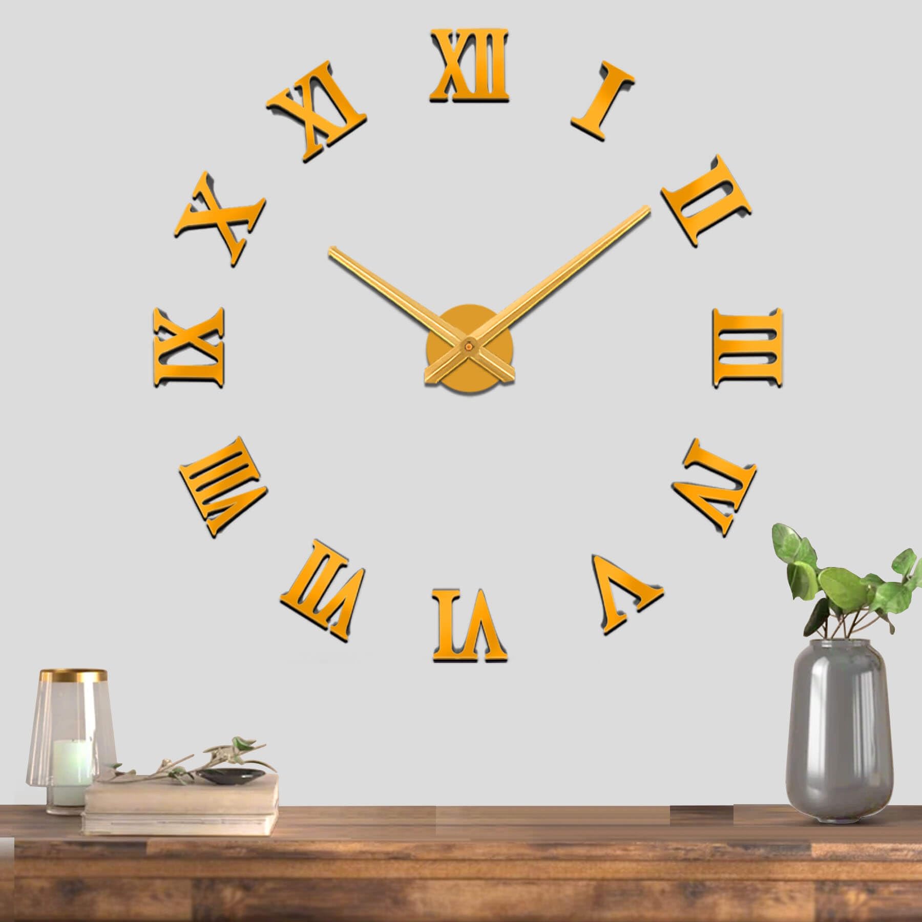 Mute DIY Frameless Large Wall Clock Roman Numerals 3D Mirror Sticker Home Office Decorations (Gold)