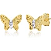 Amazon Essentials 14K Gold Plated Butterfly Stud Earrings with CZ Accent Stones and Butterfly Backs