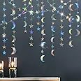 Cheerland Iridescent Twinkle Little Star Moon Garland Starry Night Birthday Party Decorations Hanging Stars Streamers Moon Star Garland Year Year Eve Ramadan EID Bachelorette Galaxy Theme