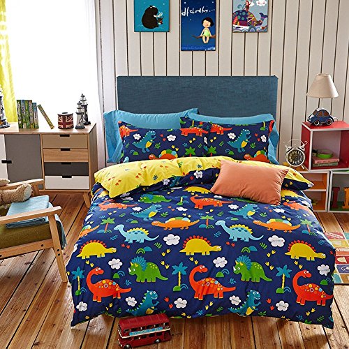 Eikei Home Dinosaurs Bedding Children Boys or Girls Fun Dinos Twin Full Toddler Colorful Duvet Cover and Sheet Set Bright Multicolored Green Blue Orange Yellow (Full)