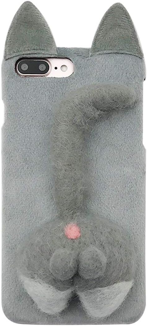 UnnFiko Soft Fur Case for iPhone 6 Plus/iPhone 6s Plus, Cartoon Funny Cute Puppy Plush Animal Cat Tail Brown Ear Hair Creative Design Phone Case for Girls Women (Gray Cat, iPhone 6 Plus / 6s Plus)
