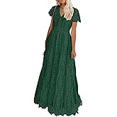 MEROKEETY Women's 2026 V Neck Short Sleeve Floral Lace Wedding Dress A Line Boho Bridesmaid Cocktail Party Maxi Dress