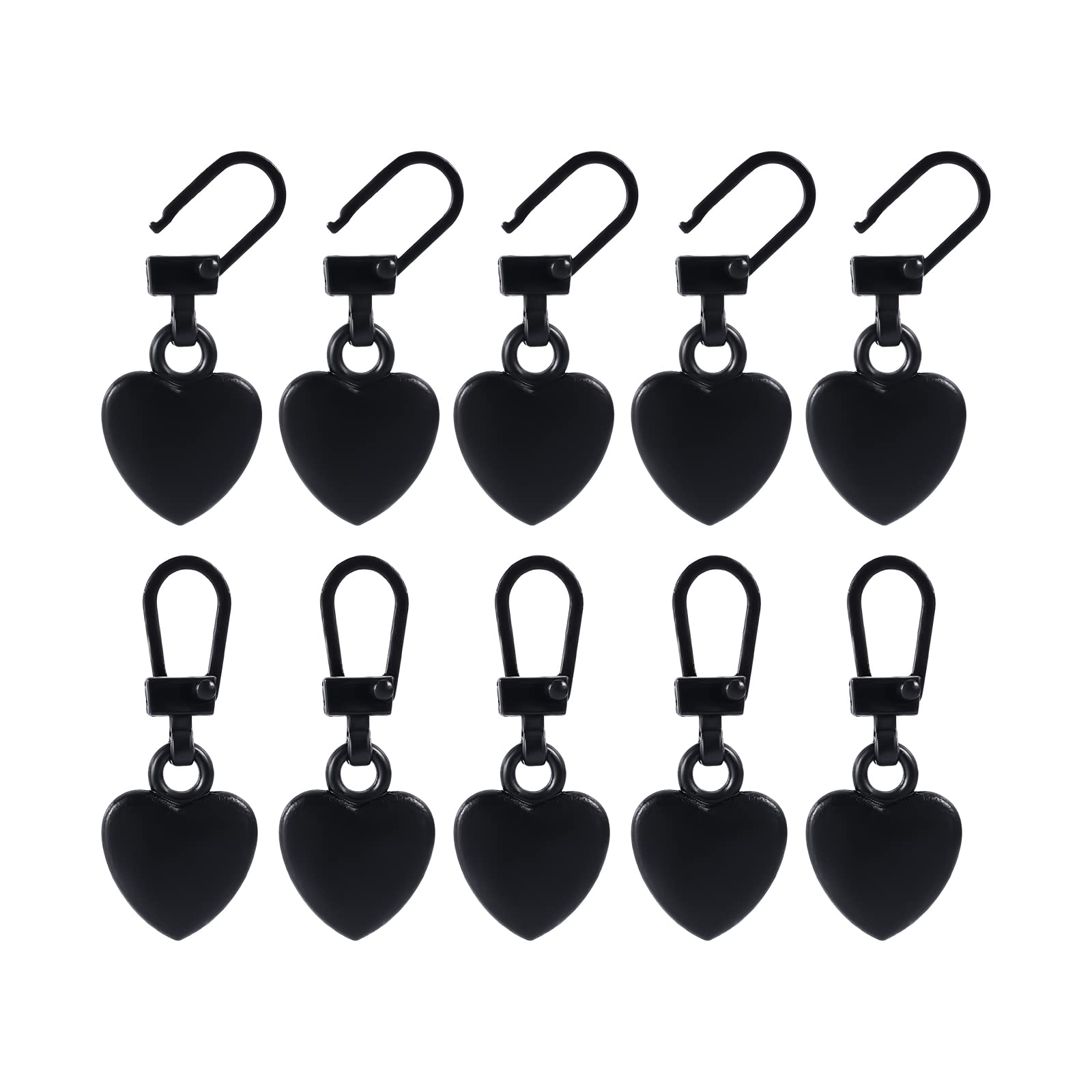 10pcs Zipper Pull Replacement, Detachable Metal Zipper Pull Kit Heart Shaped Zipper Pulls for Coats Backpacks Jackets Pants Jeans Suitcase Purses Handbags (Black)