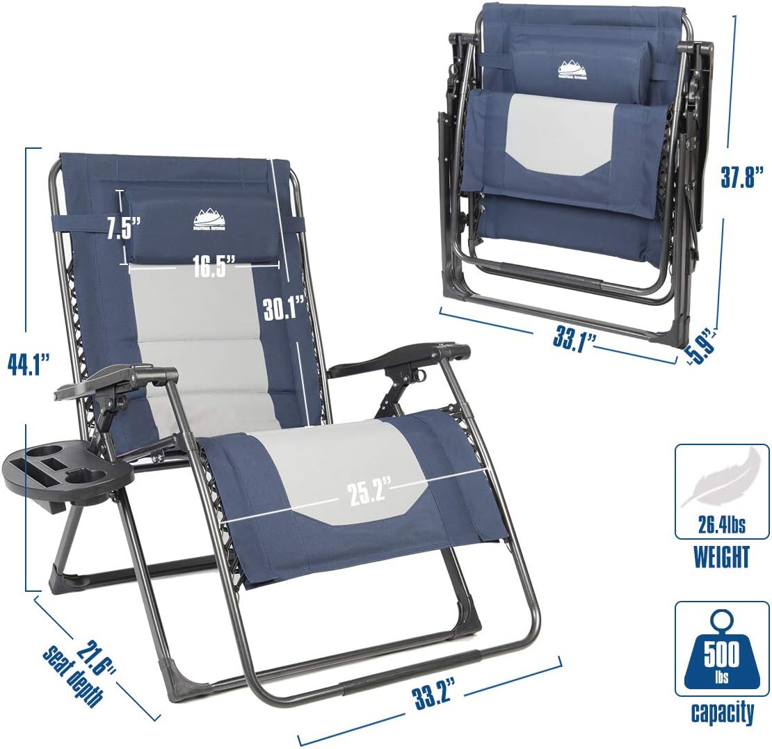 Coastrail Outdoor Oversized Zero Gravity Chair Padded XXL Folding Patio  Lounge Adjustable Recliner with Cup Holder u0026 Side Table, 500lbs Weight 