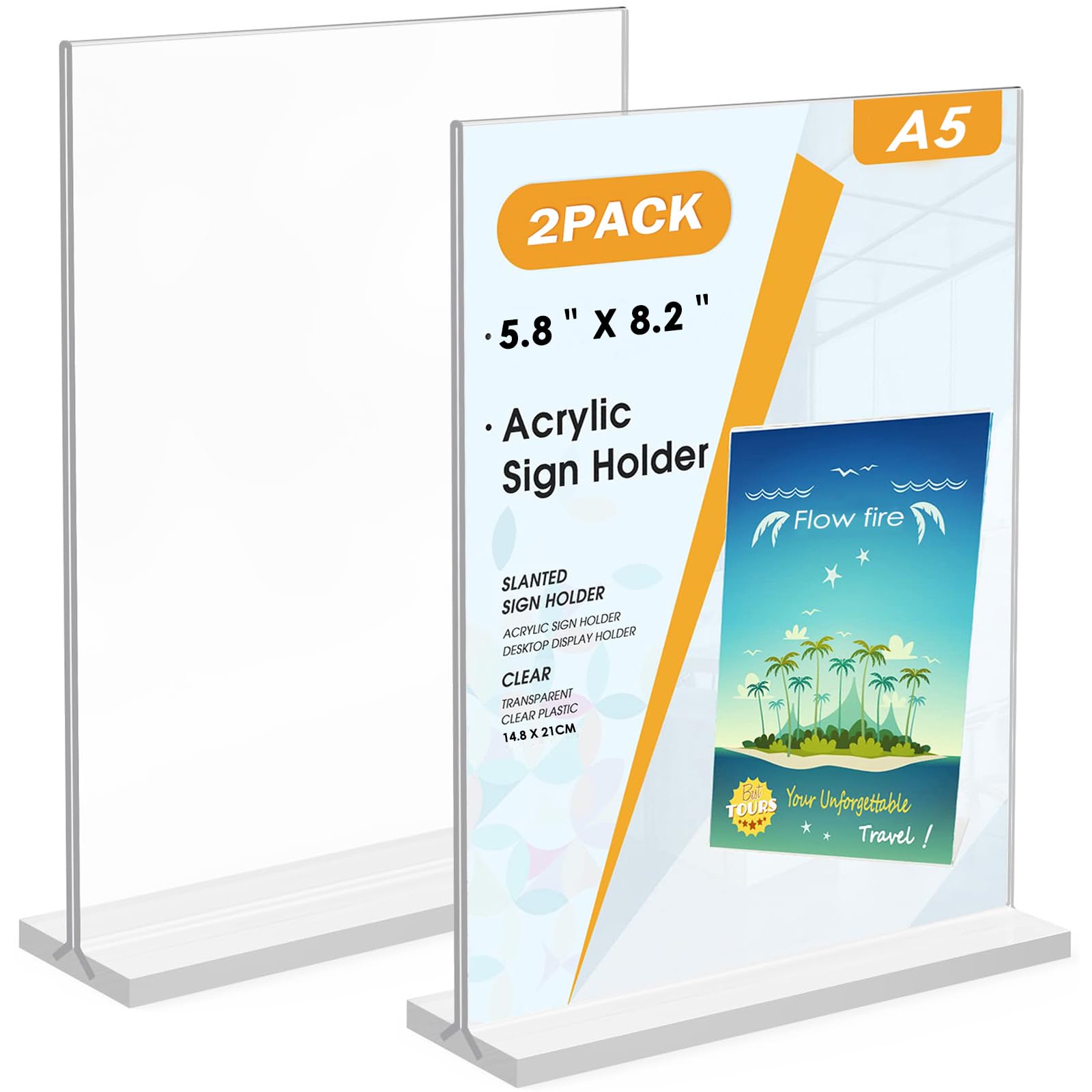 Flow fire A5 Acrylic Sign Holder, 2 Pack T-Shape A5 Clear Perspex Display Stand, Double-Side Menu Poster Sign Holder for Office Store Restaurant