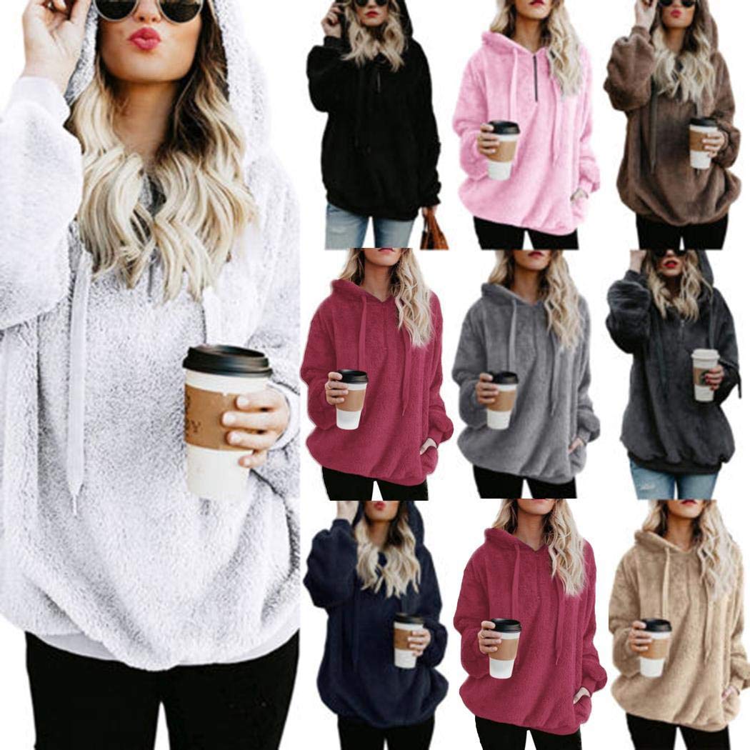 Weardear Women Solid Long Sleeve Zip Drawstring Hooded Pullover Sweatshirt Fashion Hoodies Grey