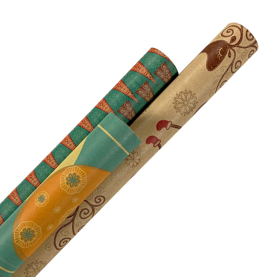 Printed Christmas Kraft Wrapping Paper Set (Reindeer-Bulbs-Trees on Brown Kraft)