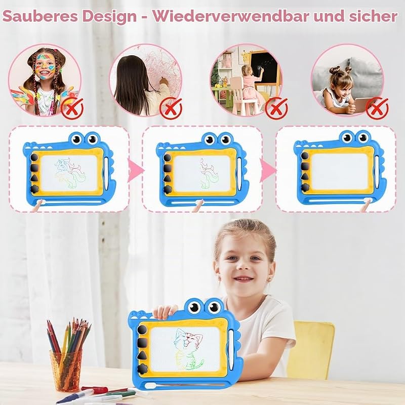 Magnetische Maltafel Kinder Zaubertafel ab 3 Jahr Bunt Magnetische Zeichenbrett Lernspielzeug mit Stempel Spielzeug Geschenk für Kinder ab 3 Jahre Mädchen Jungen - Blau Krokodil