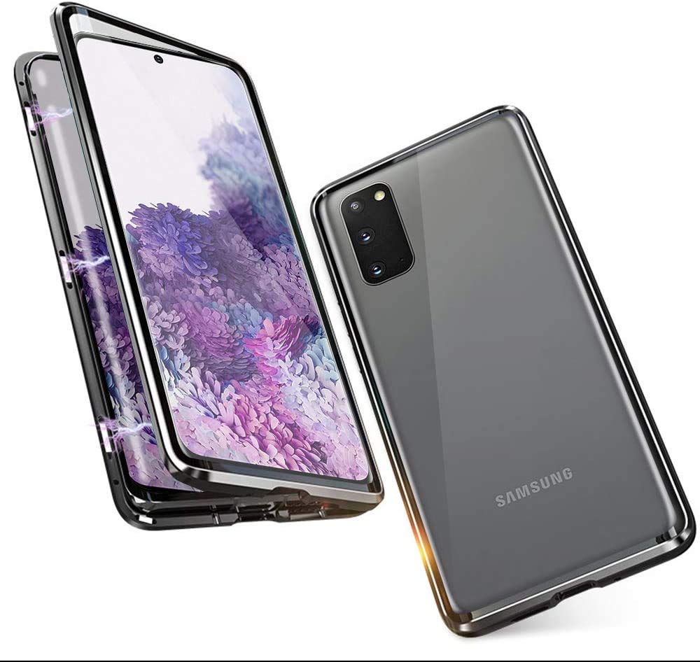 Case Compatible for Samsung Galaxy S20 Case Magnetic Case,Magnetic Adsorption Metal Cover Front and Back Tempered Glass Transparent 360 Degrees Protector Cover Camera Lens Protector Case,Black