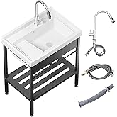 Laundry Room Sink,28" &times; 19" &times; 34.3" Ceramic Utility Sink with Washboard Set,Freestanding Sink with Cold and Hot Water Faucet, Hoses and Drain Kit for Laundry Room, Basement, Outdoor and Indoor