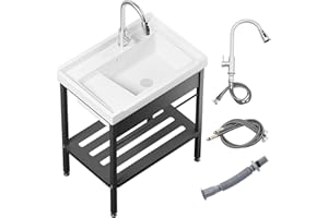 DONIKS Laundry Room Sink,28" × 19" × 34.3" Ceramic Utility Sink with Washboard Set,Freestanding Sink with Cold and Hot Water Faucet, Hoses and Drain Kit for Laundry Room, Basement, Outdoor and Indoor