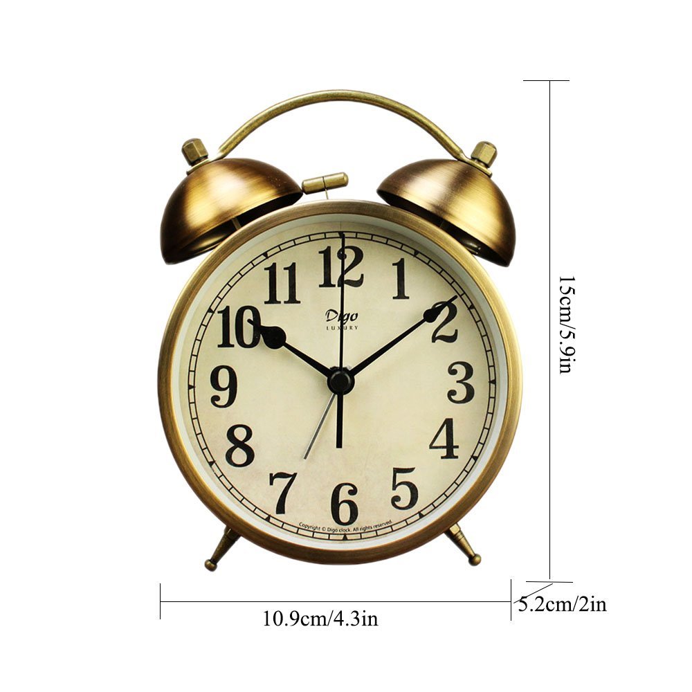 Justup Metal Twin Bell Alarm Clock, 4-Inch Vintage Gold Small Analog Silent Table Desk Alarm Clock Battery Operated with Backlight Loud for Heavy Sleepers Bedroom (Arabic)