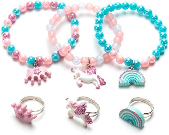 Amazon Annilubaby ユニコーンブレスレットリングセット レインボーブレスレット 輝く王冠ブレスレット 幼児 女の子用 ジュエリーリングセット 女の子ごっこ遊びとドレスアップリング ブレスレット おもちゃ