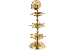 Avador Handmade Brass Indian Puja Oil Lamp, Golden Diya Lamp Engraved Design Diya for Diwali Pooja (PanchMahal Set of 1 with Gift Box)