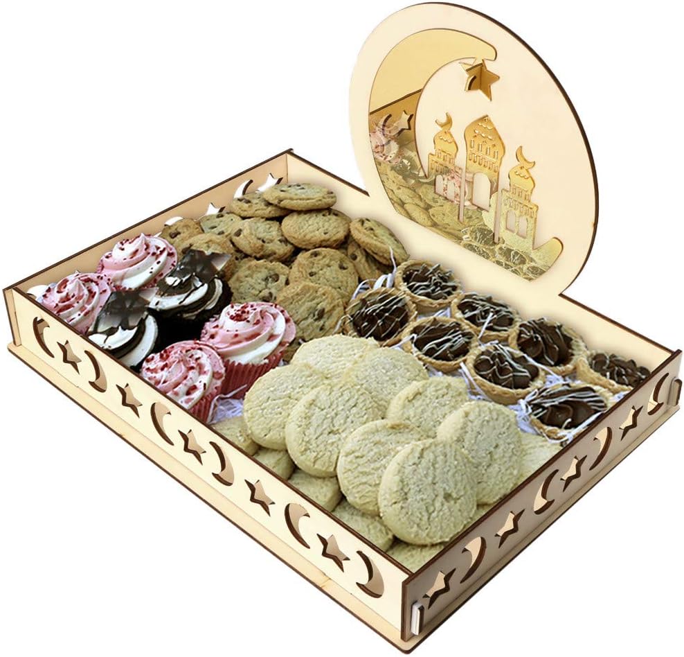 DIY Eid Mubarak Dessert Tray Rustic Wooden Serving Tableware Wood Party Display Tray for Ramadan Party Food Serving (B)