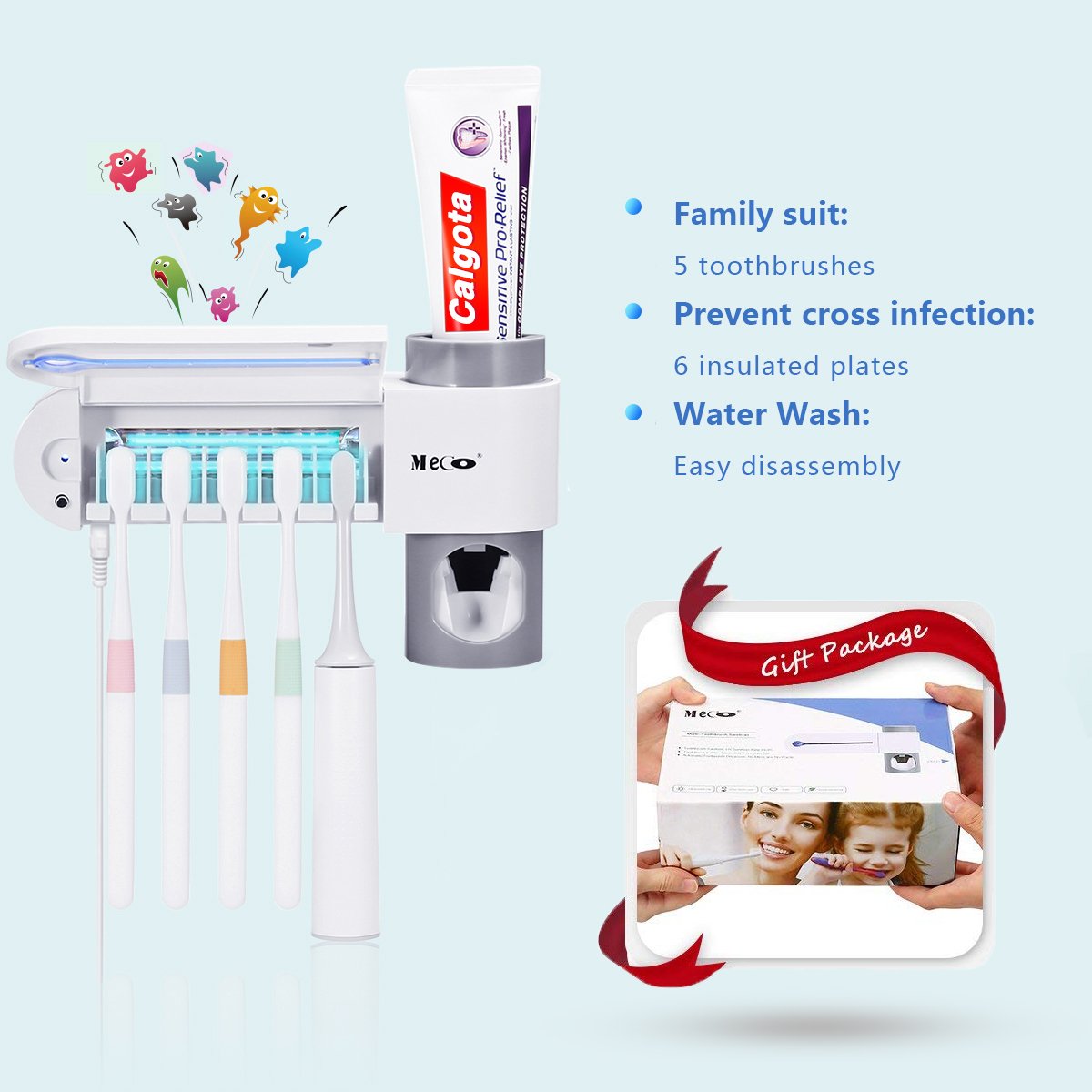MECO UV Toothbrush Holder, Toothpaste Dispenser + 5 Toothbrush