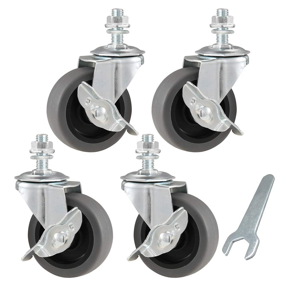 WHARSTM Caster Wheels, 3" Locking Swivel Casters Set of 4, 3/8"-16 x 1" (Screw Diameter 3/8", Screw Length 1") Casters, Rubber Casters with 360 Degree No Noise Castor Wheels, Stem Casters with Brake