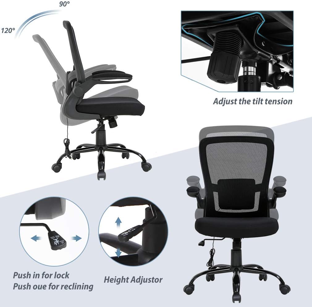 Home Office Chair Ergonomic Desk Chair Mesh Computer Chair Swivel Rolling Executive Task Chair with Lumbar Support Arms Mid Back Adjustable Chair for Adults, Black: Furniture & Decor