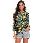 Aeslech Women's Button Down Hawaiian Shirt Lightweight Floral Print Aloha Party Tops
