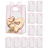 Liobelon 12 Pieces Clear Plastic Gift Bags with Handle Reusable Transparent Gift Bag with Ties PP Gift Wrap Tote Bag with Ribbon for Wedding Valentine's Day Bridal Shower Birthday Party (pink)