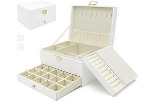 EUEDUE Jewelry Organizer Box, Jewelry Box Organizers for Women Girls, Jewellery Display Holder, 3 Layers Large Leather Jewels Storage Case for Earring, Rings, Necklaces, Bracelets, Watch, Ideal Gift (White)