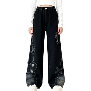 Baggy Jeans Girls Wide Leg Embroidered Ripped Denim Pants Kids Tween Aesthetic Western Grunge Jeans Fall Trendy Trousers