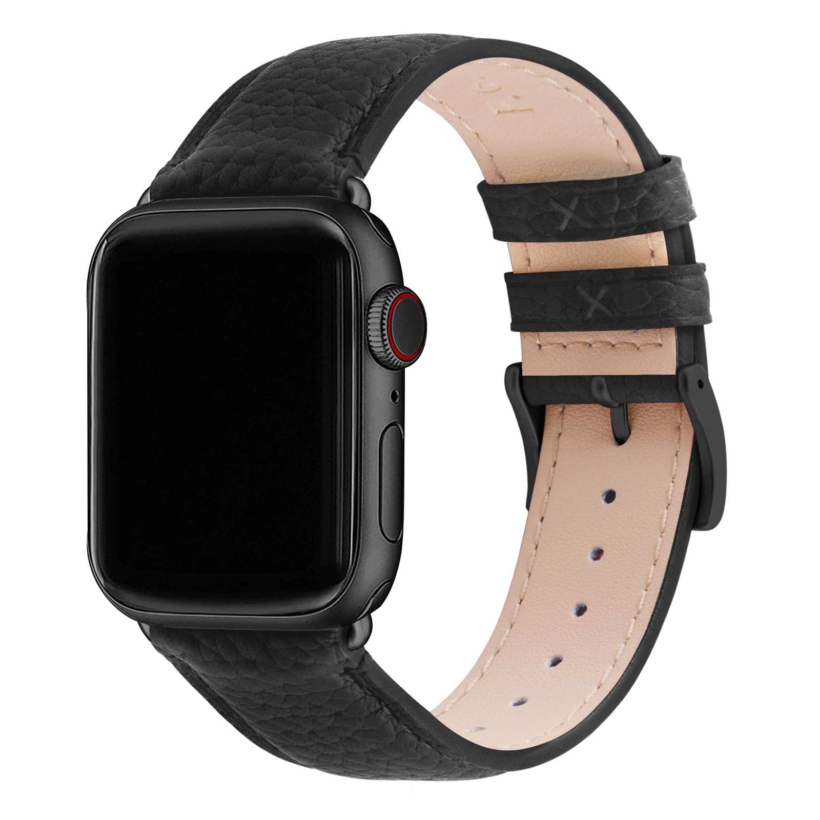 Fullmosa Compatible with Apple Watch Straps 44mm 46mm 45mm 42mm 49mm, Genuine Leather iWatch Bands for iWatch Ultra/SE 3 2 1 Series 11 10 9 8 7 6 5 4 for Women Men, Noir Black+Space Grey Buckle