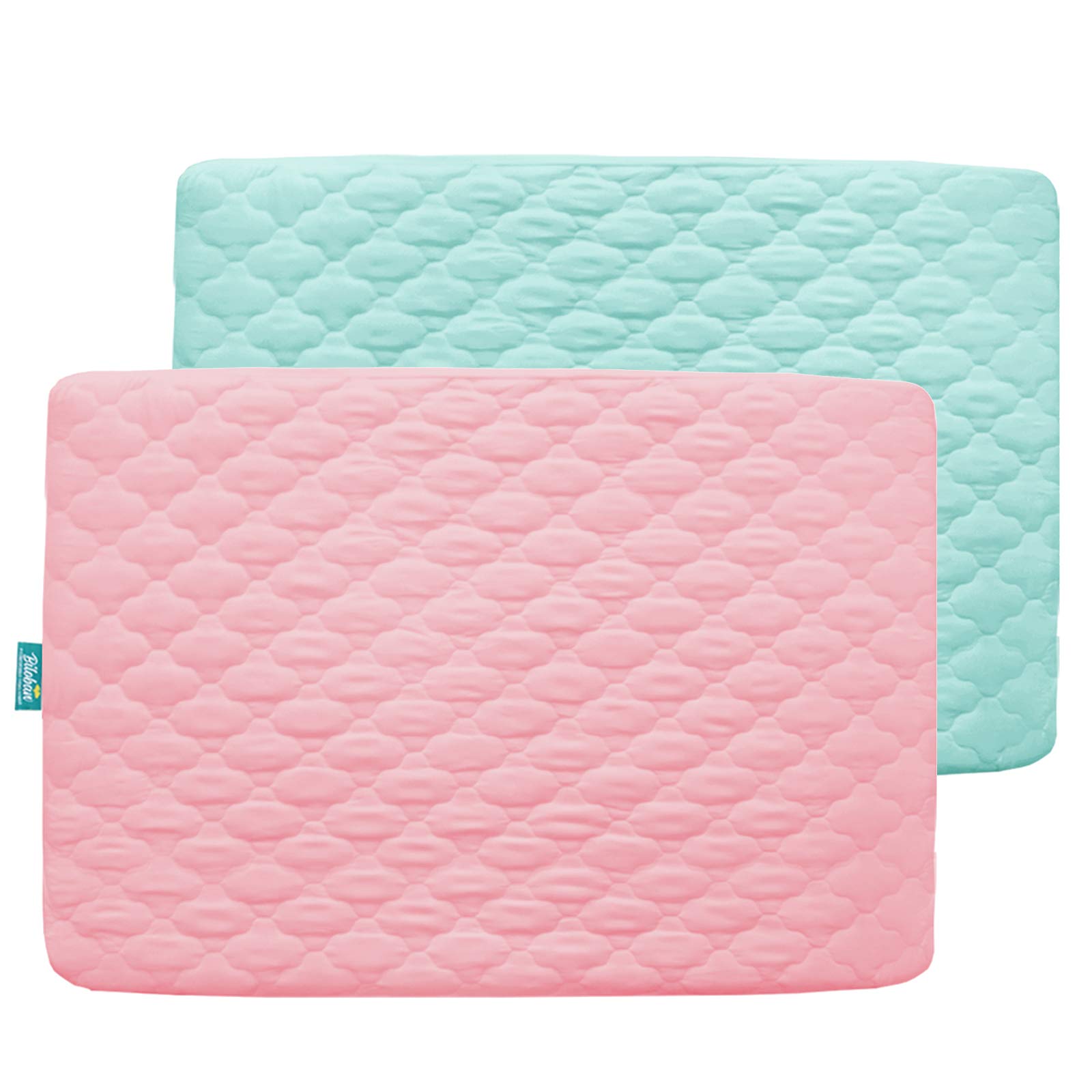Photo 1 of 2 Pack Pack and Play Mattress Protector Sheets Fitted Waterproof Playard Mattress Pad Cover, Compatible with Graco Pack n Play & Dream On Me & Pamo Babe, Playpen/Playard Sheet, Pink&Aqua, 39" x 27"