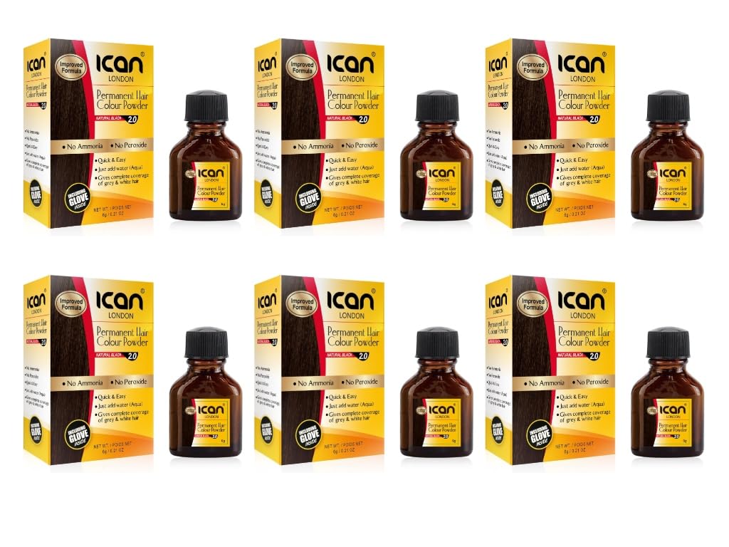 ICAN PERMANENT HAIR COLOR POWDER, NO AMONIA, NO PEROXIDE (2.0 NATURAL BLACK) 6 X PACKS