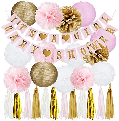 Pink and Gold Baby Shower Decorations for Girl - ITS A GIRL Banner &amp; BABY SHOWER Banner, Tassel Garland, Paper Pom Poms Tissue Flower Nursery Gender Reveal Party Kit Decor