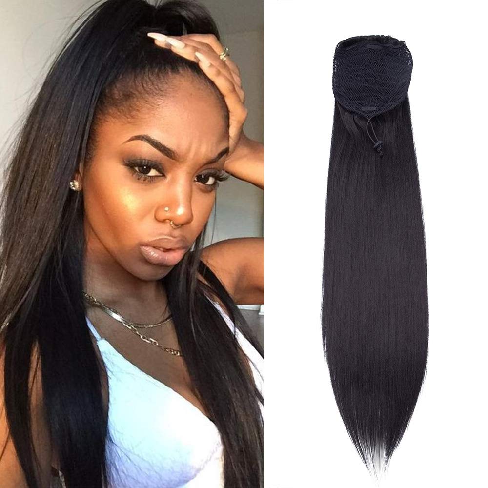 Fashion Hair Scrunchie Hair Piece Wavy Elastic Updo Scrunchy Bun Yaki Kinky Straight Instant Ponytail Extension Wig Hairdo Drawstring - Dark Black(22" Inch/55CM)